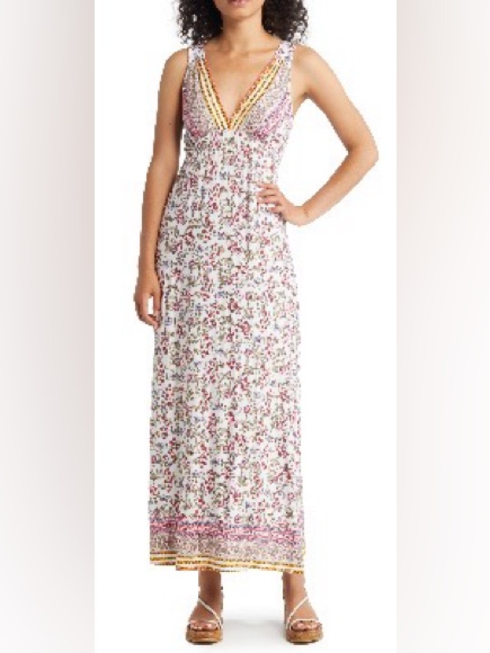 Loveappella White Floral Maxi Dress with Pink and Yellow Accents
